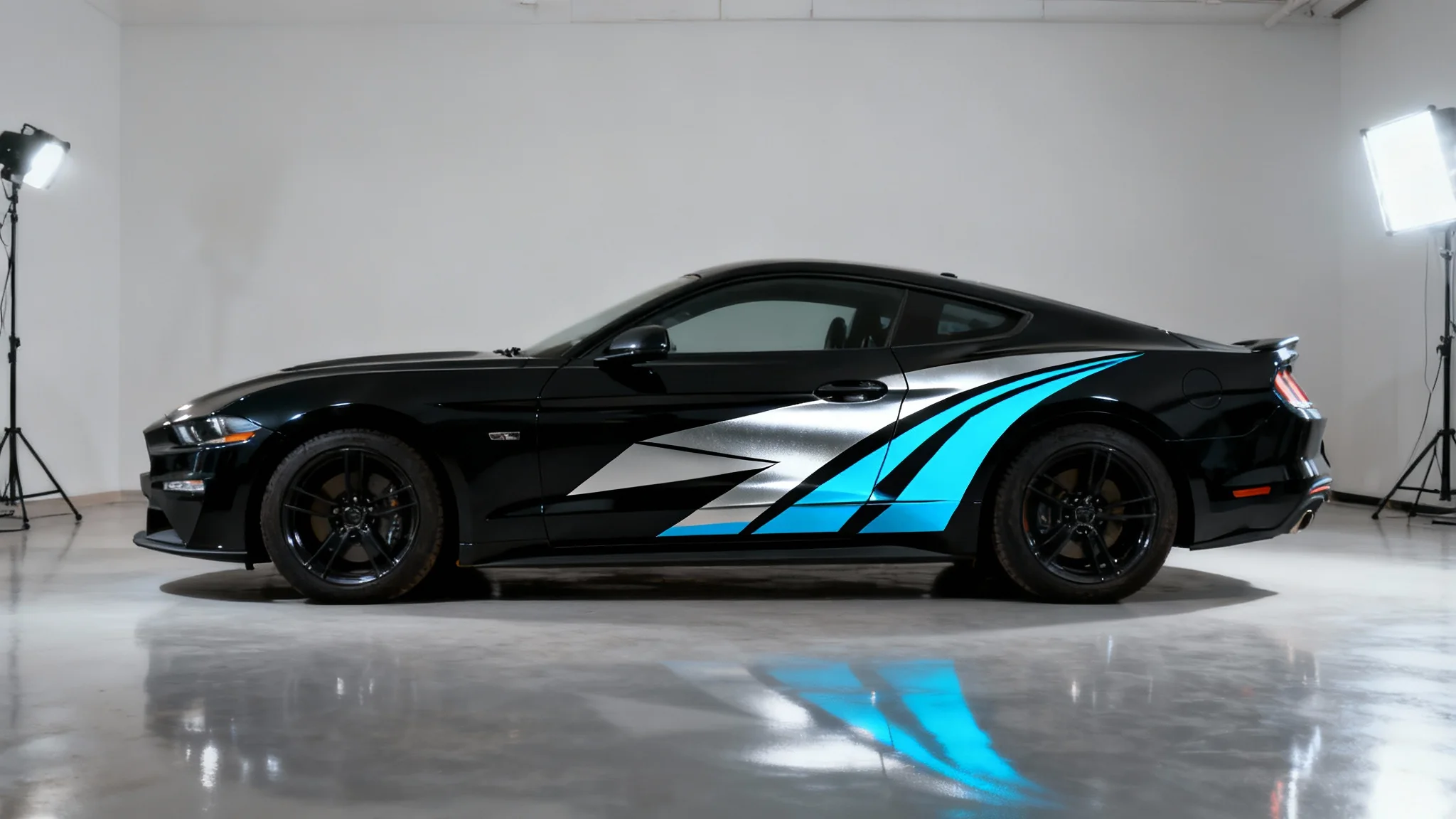A close-up hero shot of a glossy black sports car featuring a professionally applied custom decal with a silver and blue geometric pattern on its side.