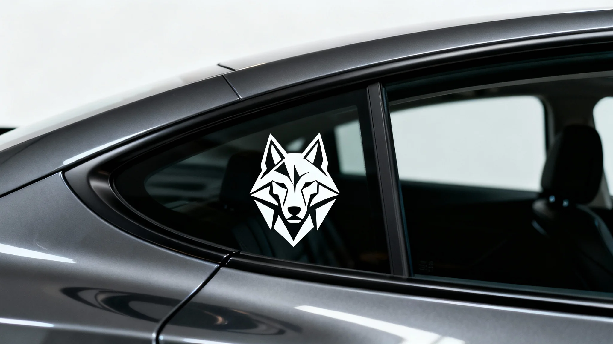 A close-up photograph of a white geometric wolf head decal applied to the window of a modern, dark grey car against a clean white background.