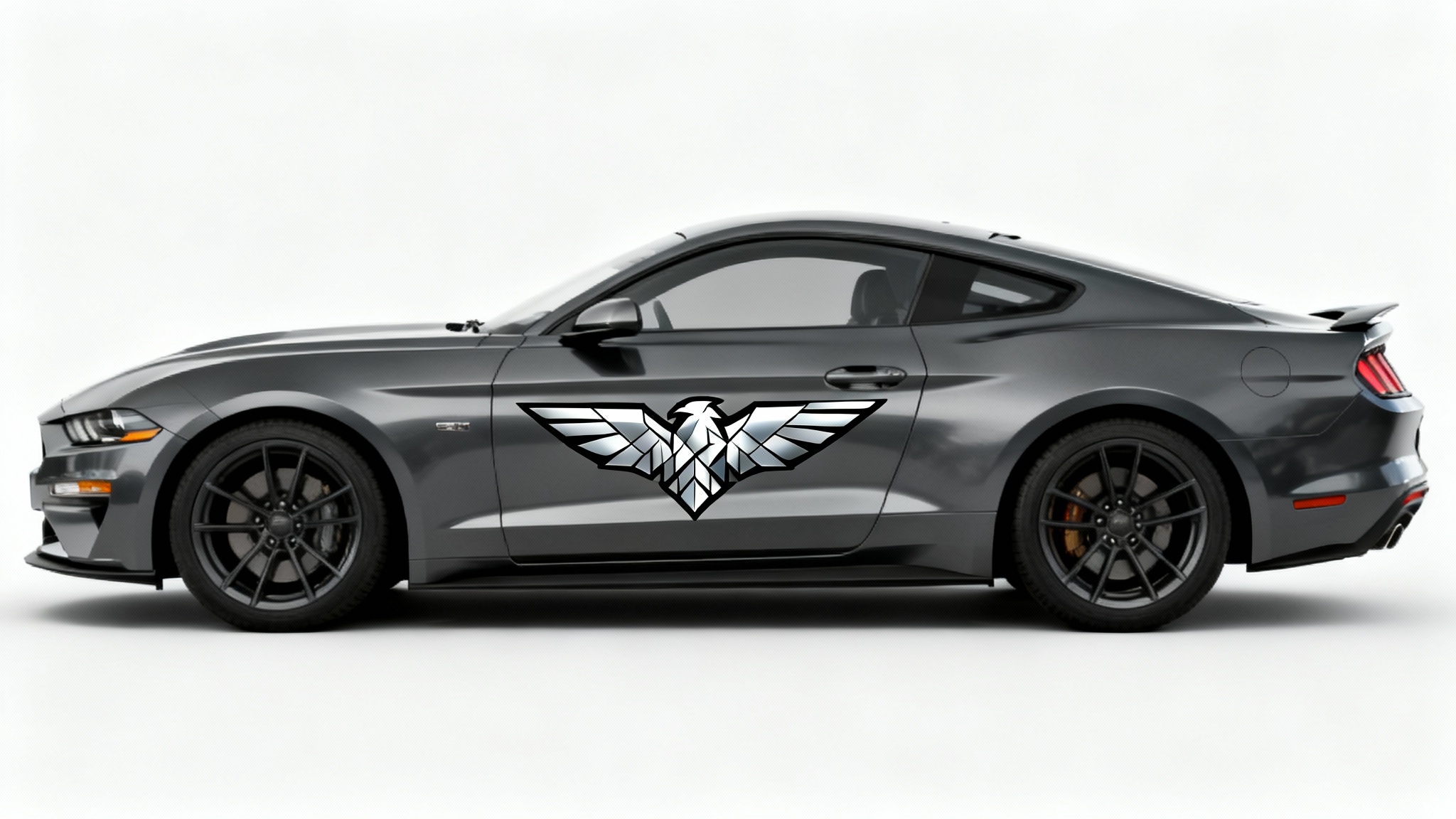 A photorealistic mockup of a metallic gray sports car with a stylized silver and black eagle decal on its side, set against a clean white background.