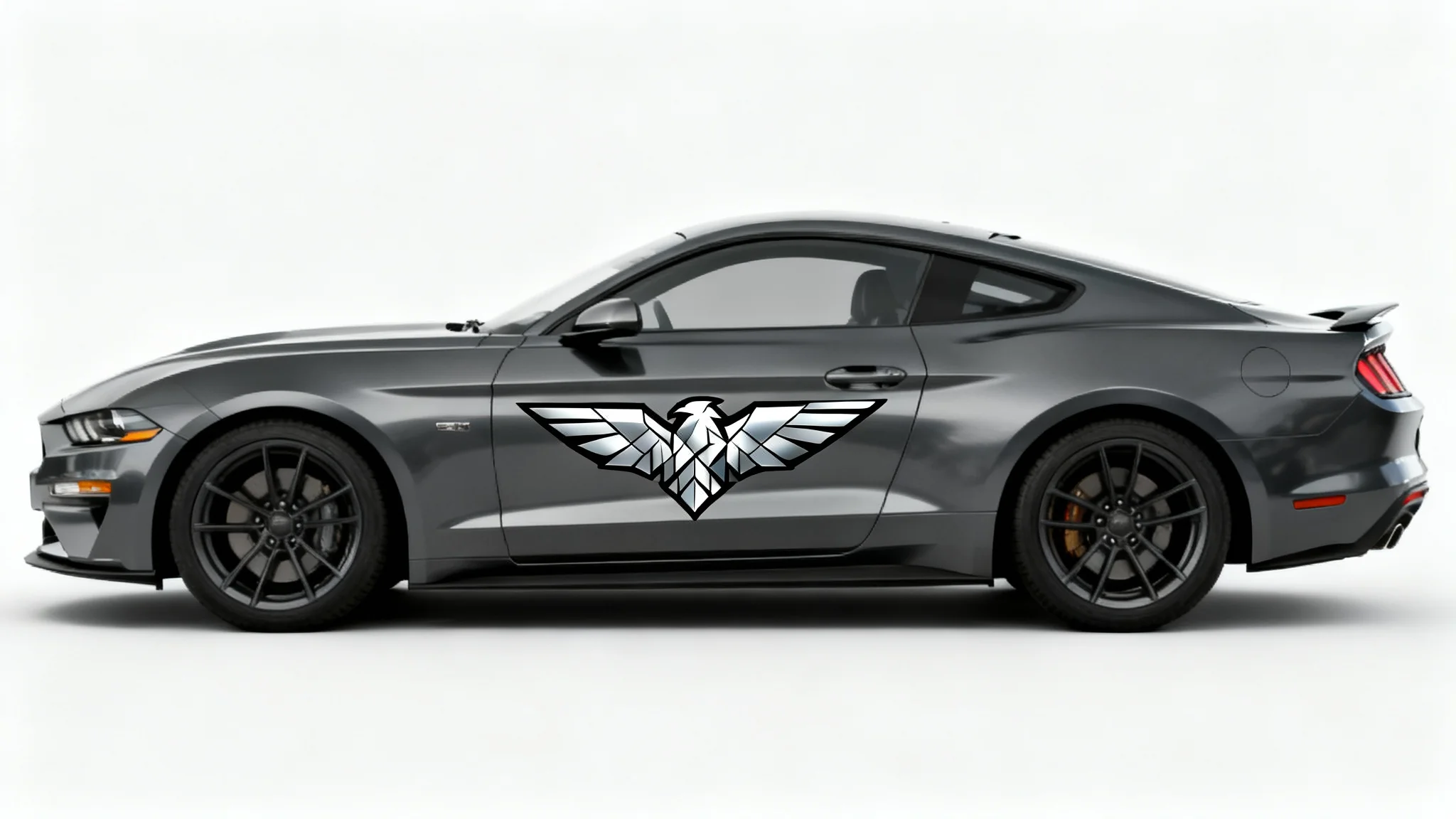 A photorealistic mockup of a metallic gray sports car with a stylized silver and black eagle decal on its side, set against a clean white background.
