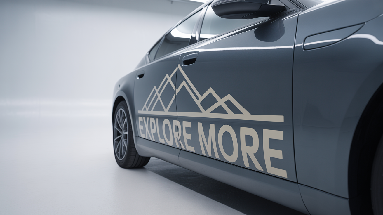 A white vinyl decal of a mountain range with the text 'Explore More' applied to the side of a glossy charcoal gray car against a plain white background.