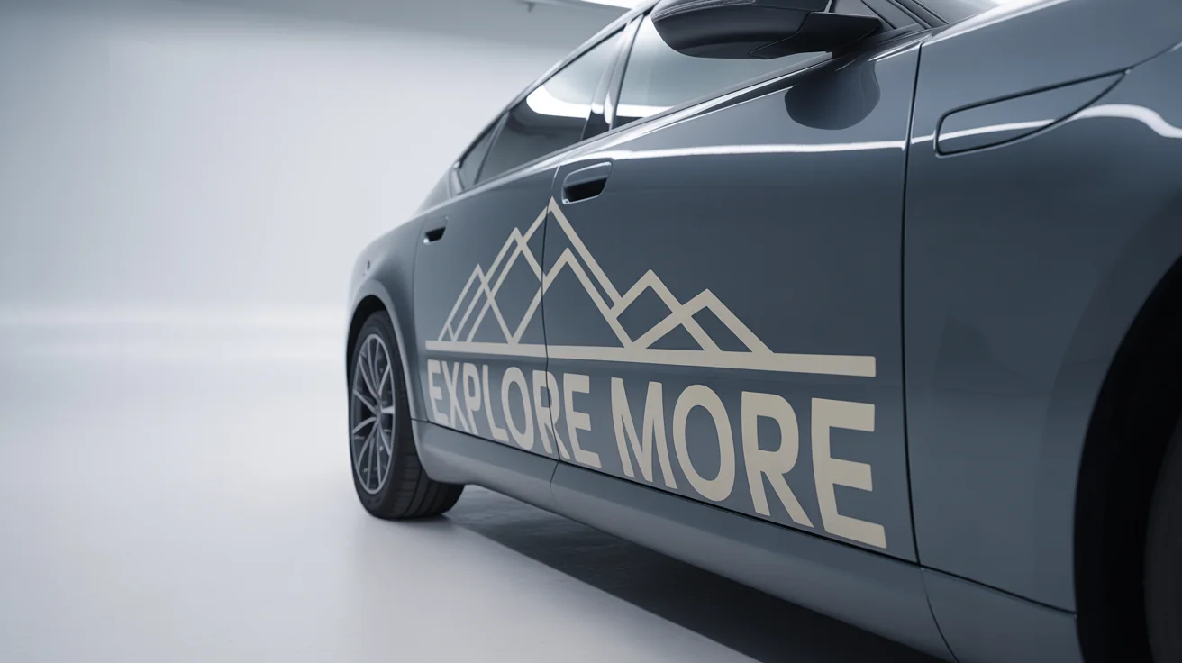 A white vinyl decal of a mountain range with the text 'Explore More' applied to the side of a glossy charcoal gray car against a plain white background.