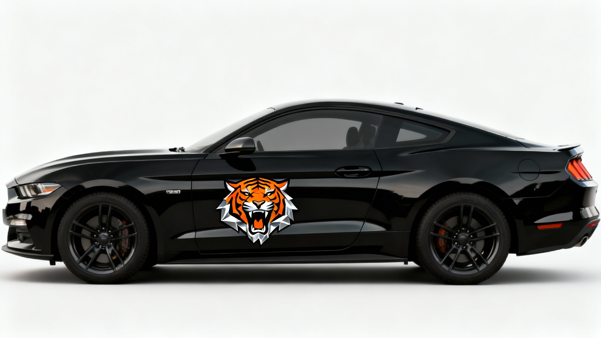 A stylized geometric tiger head decal in vibrant orange and silver applied to the side of a glossy black car, showcased against a clean white background.