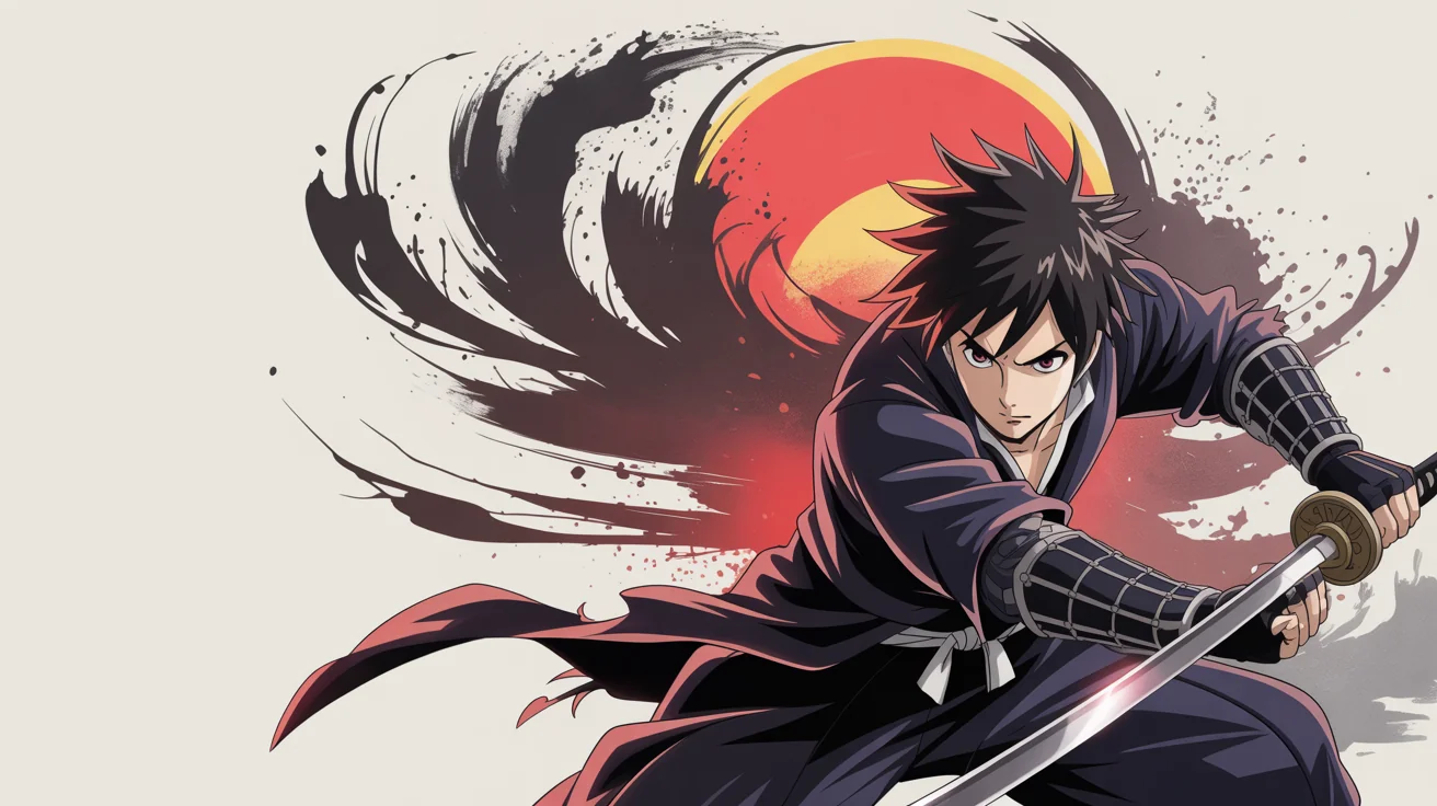 A polished anime banner in a 16:9 aspect ratio, featuring an anime swordsman against a red and black ink splash background with the text 'BUSHIDO' and 'The Way of the Warrior'.