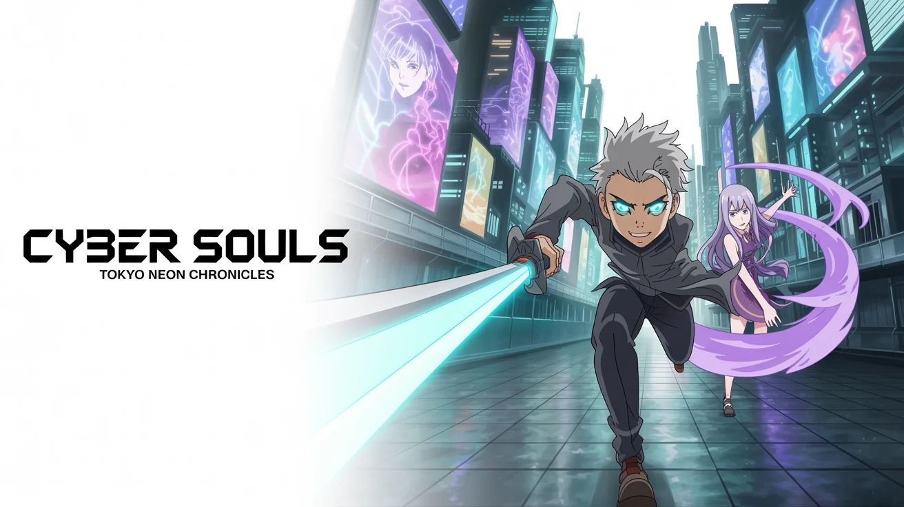 A mockup of a wide anime banner with a futuristic theme, set against a plain white background. The banner features a male character with a glowing sword and a female character casting a spell, with text that reads 'CYBER SOULS' and 'TOKYO NEON CHRONICLES'.