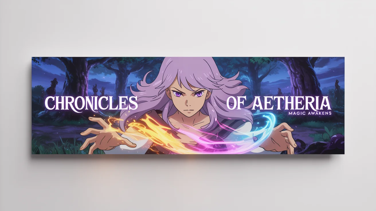 A mockup of a wide anime banner for a fictional series called 'Chronicles of Aetheria', showing a female mage casting a spell in an enchanted forest.