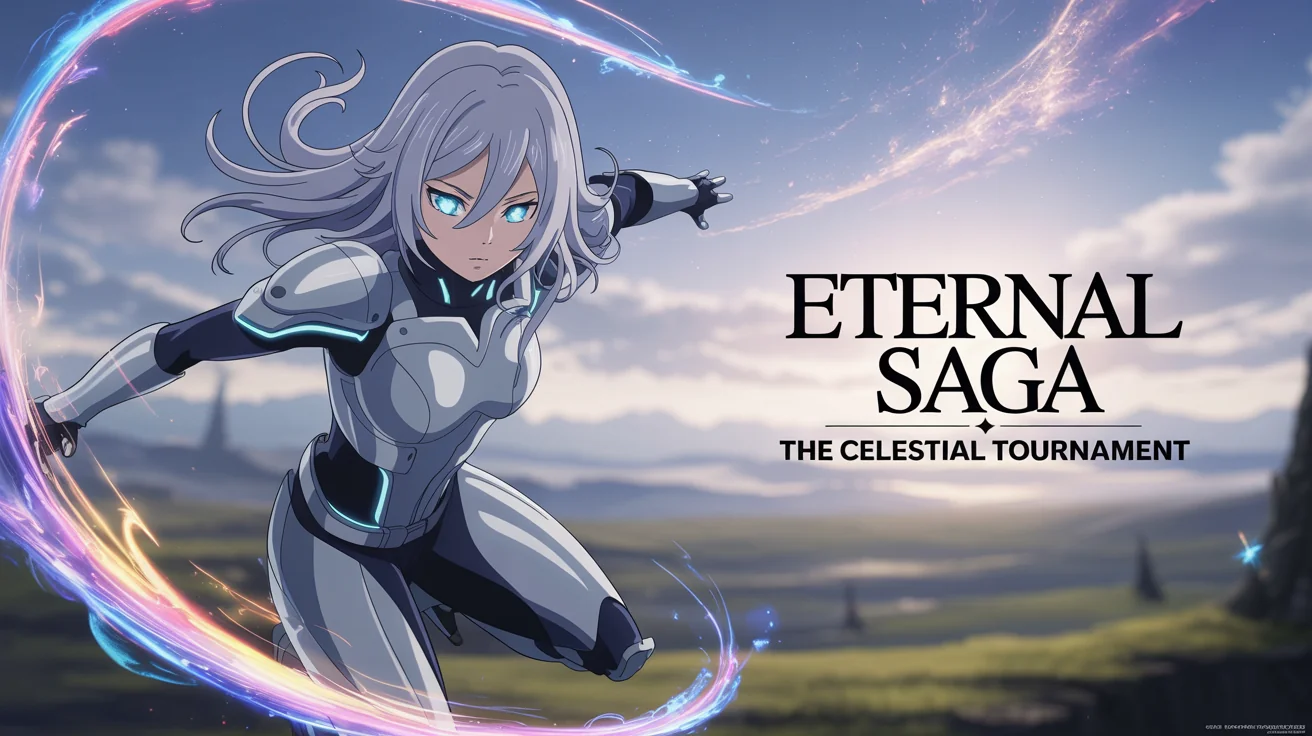A mockup of a wide anime banner for a fictional event called 'ETERNAL SAGA: THE CELESTIAL TOURNAMENT', featuring a female anime character in a fantasy setting.