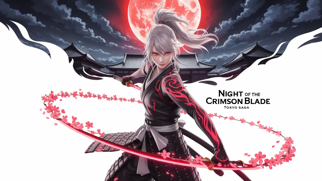 A mockup of a wide-format anime banner featuring a female samurai with white hair and a glowing red katana in front of a temple under a red moon. The banner text reads 'Night of the Crimson Blade' and 'Tokyo Saga'.