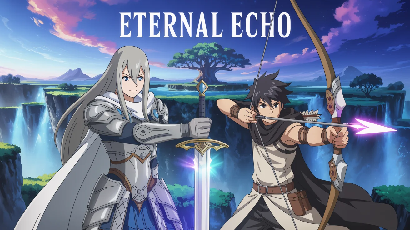 A high-quality anime banner mockup for a fantasy series titled 'Eternal Echo', featuring a female knight and a male archer in a mystical landscape. The banner is shown against a plain white background.