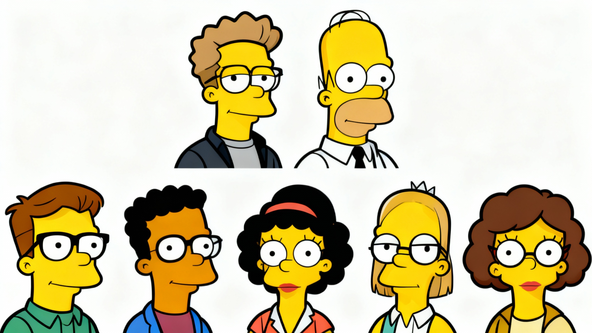 A colorful grid of six diverse, custom-made avatars in the distinct cartoon style of The Simpsons, showcasing the final output of an avatar generator.