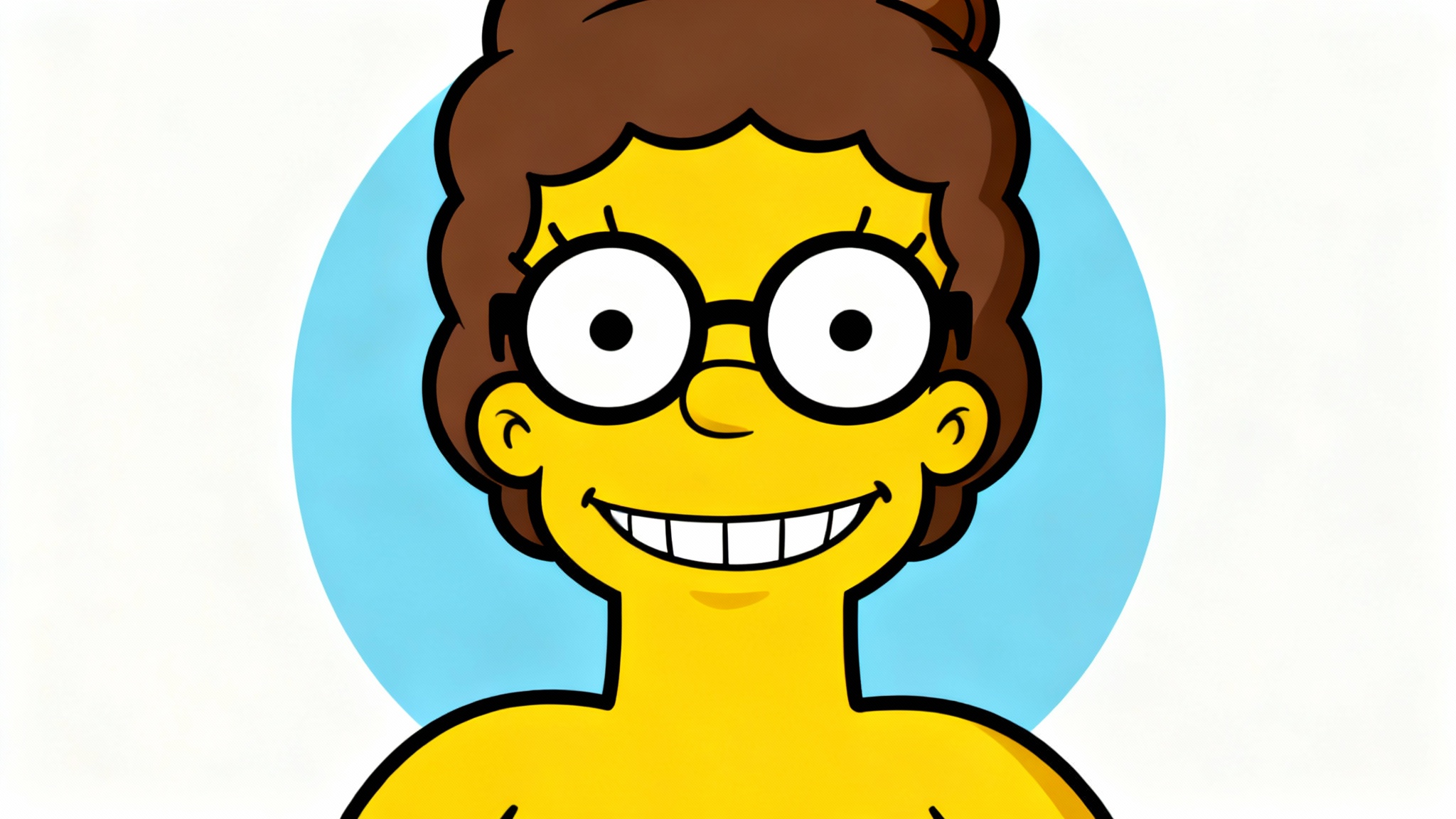 A digital illustration of a woman with brown hair and glasses depicted as a Simpsons-style cartoon character with yellow skin and large eyes, smiling warmly against a blue circle on a white background.