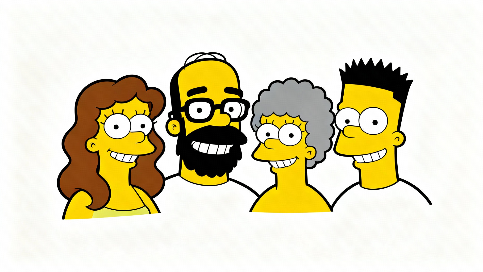 A group of four diverse people depicted as cartoon avatars in the recognizable yellow-skinned style of The Simpsons, smiling against a white background.