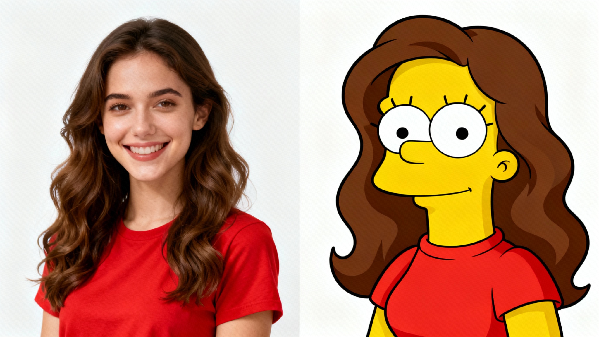 A side-by-side comparison showing a photograph of a smiling woman on the left and her Simpsons-style cartoon avatar on the right, against a white background.