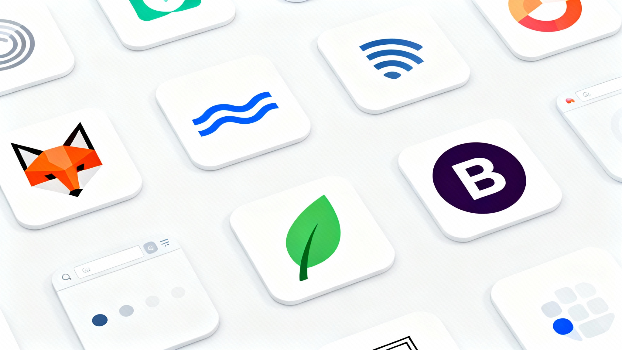 A collection of four distinct and colorful browser tab icons, featuring a geometric fox, a wave, a leaf, and a letter 'B', arranged neatly on a white background.
