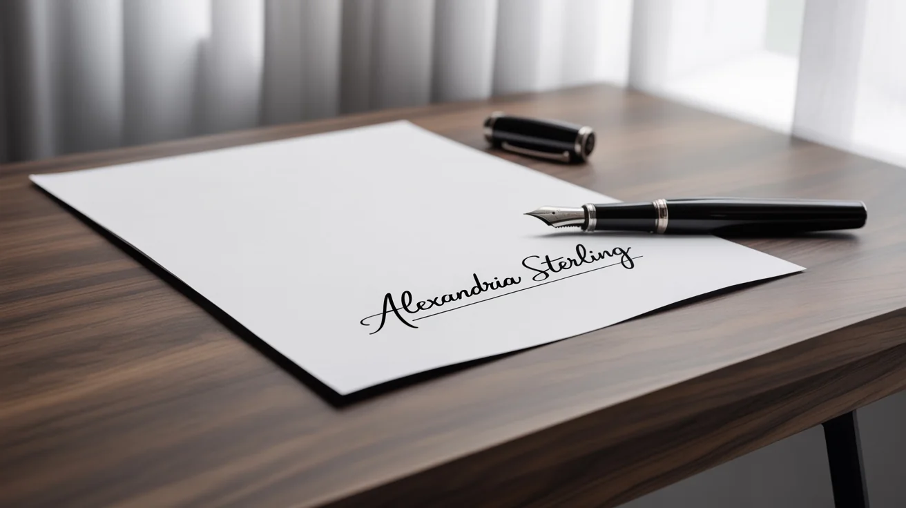 An elegant, handwritten signature of 'Alexandria Sterling' in black ink on a document, with a fountain pen resting beside it on a clean desk.
