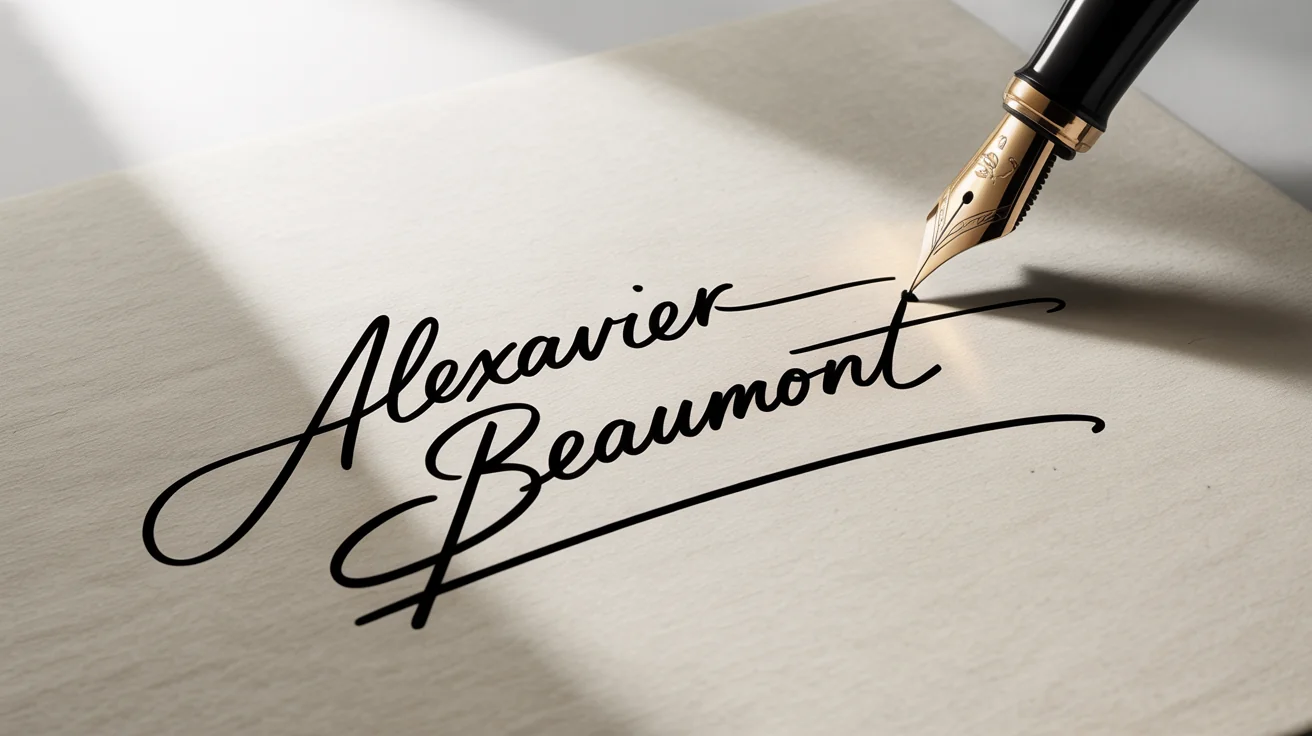A close-up of an elegant handwritten signature being signed with a black and gold fountain pen on high-quality paper against a plain white background.