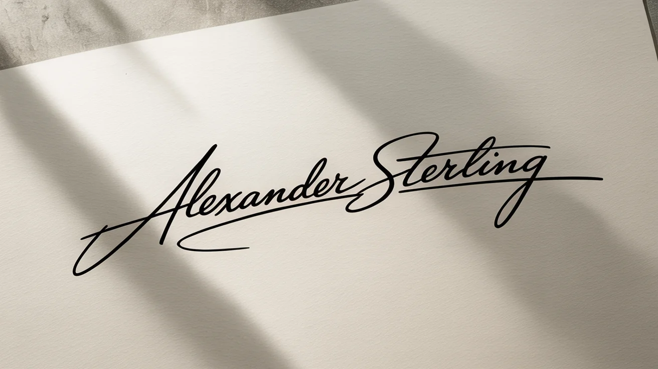 A close-up of a sophisticated, handwritten signature of the name 'Alexander Sterling' in black ink, set against a clean white background.
