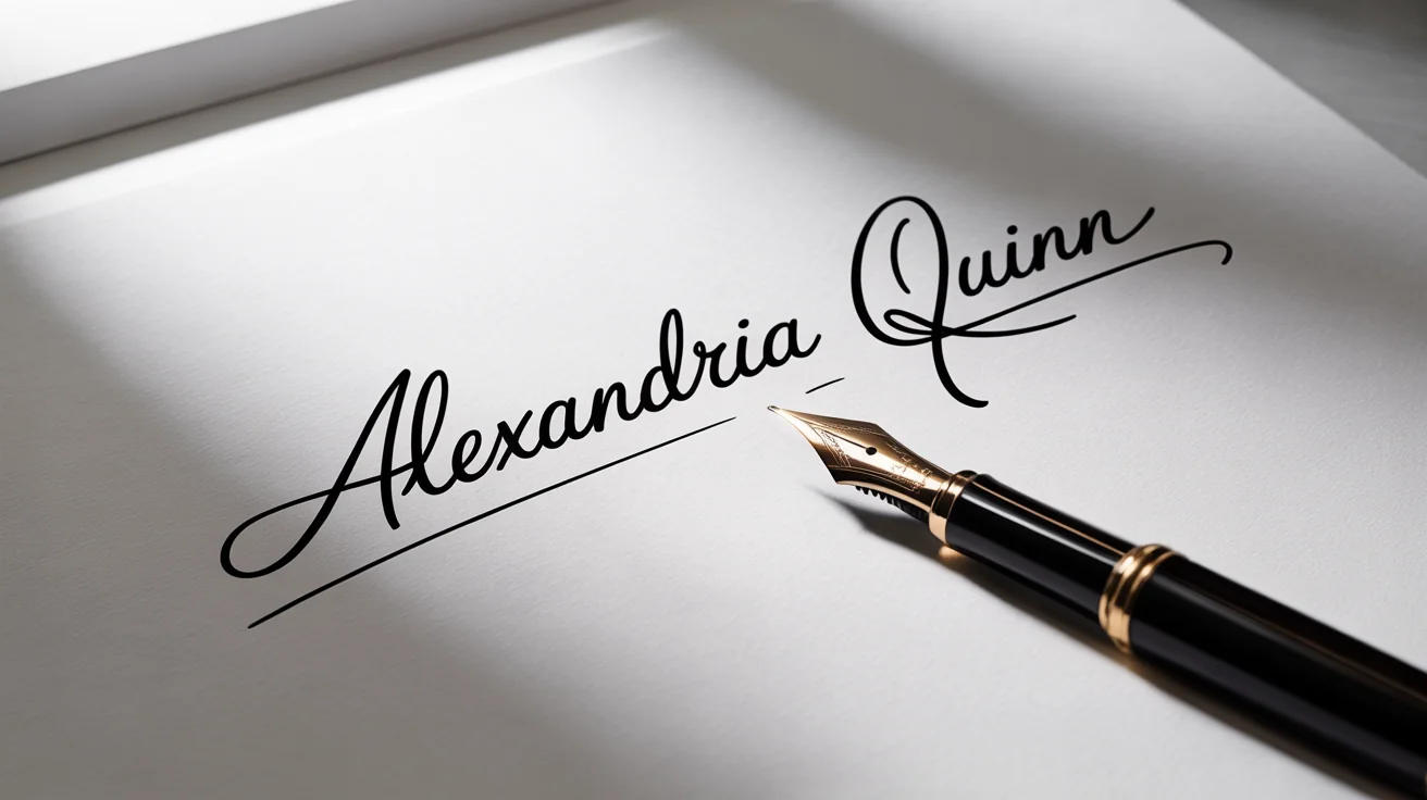 A close-up of an elegant, handwritten signature reading 'Alexandria Quinn' in black ink on a white document, with a classic fountain pen resting beside it.
