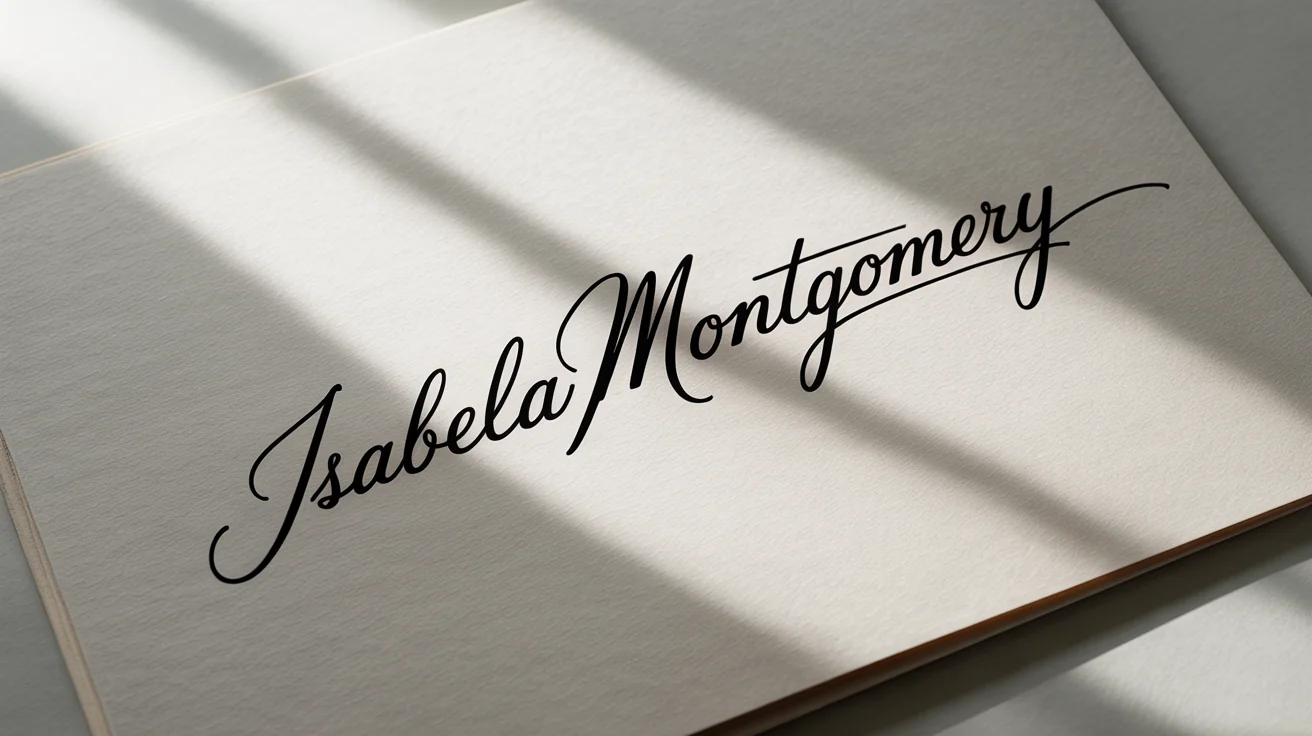 A close-up photo of an elegant handwritten signature reading 'Isabella Montgomery' in black ink on a crisp white background.