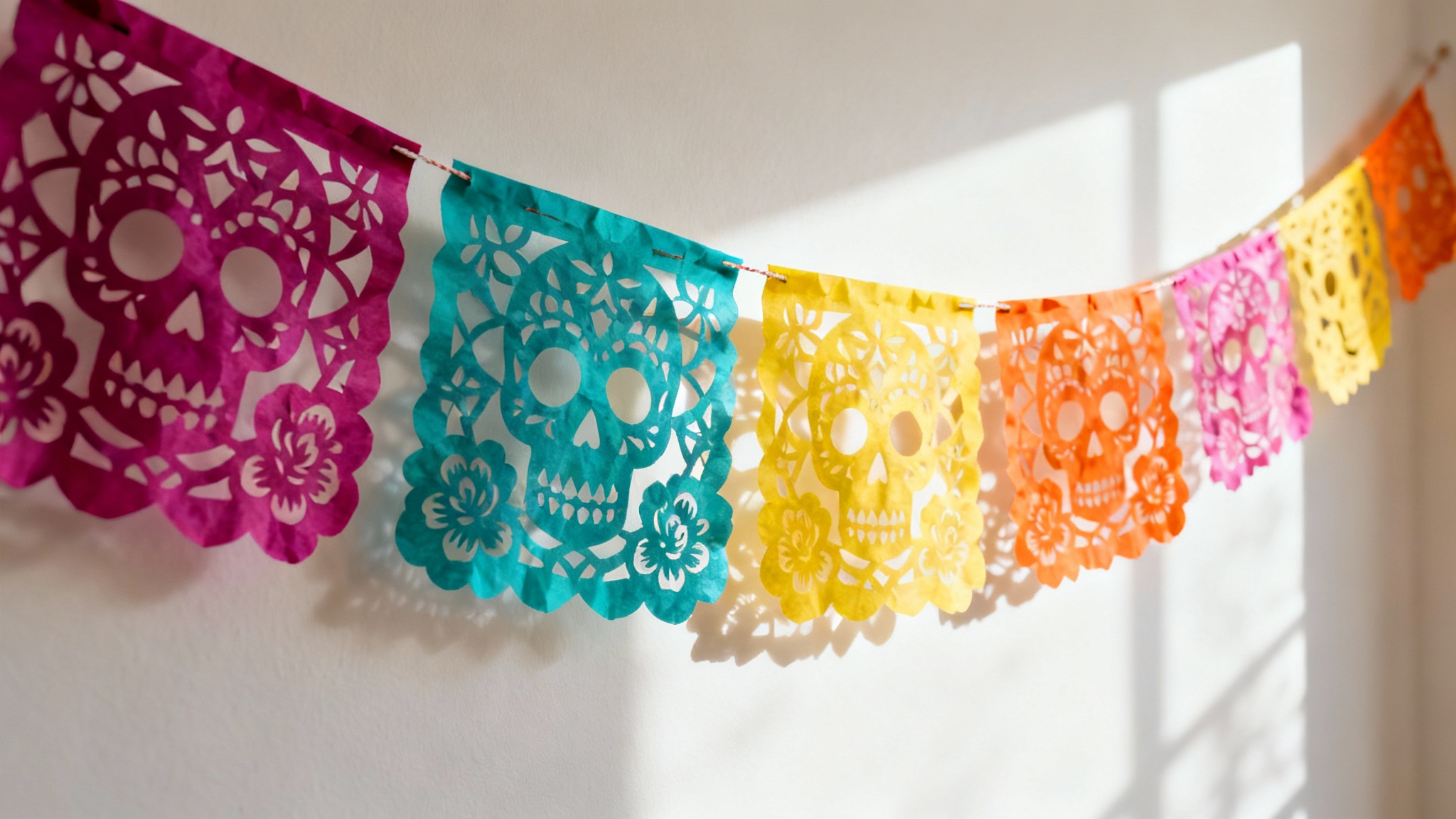 A vibrant, colorful string of finished papel picado banners hanging against a clean background, featuring intricate designs of skulls and flowers in a polished, final display.
