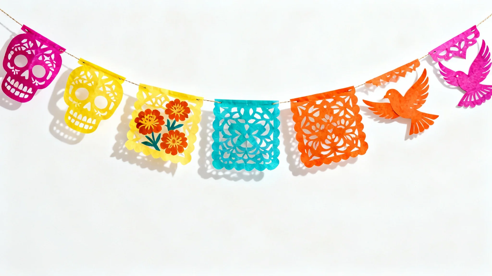 A vibrant string of Mexican papel picado banners, featuring intricate cutouts of skulls and flowers, hanging against a clean white background in a studio setting.