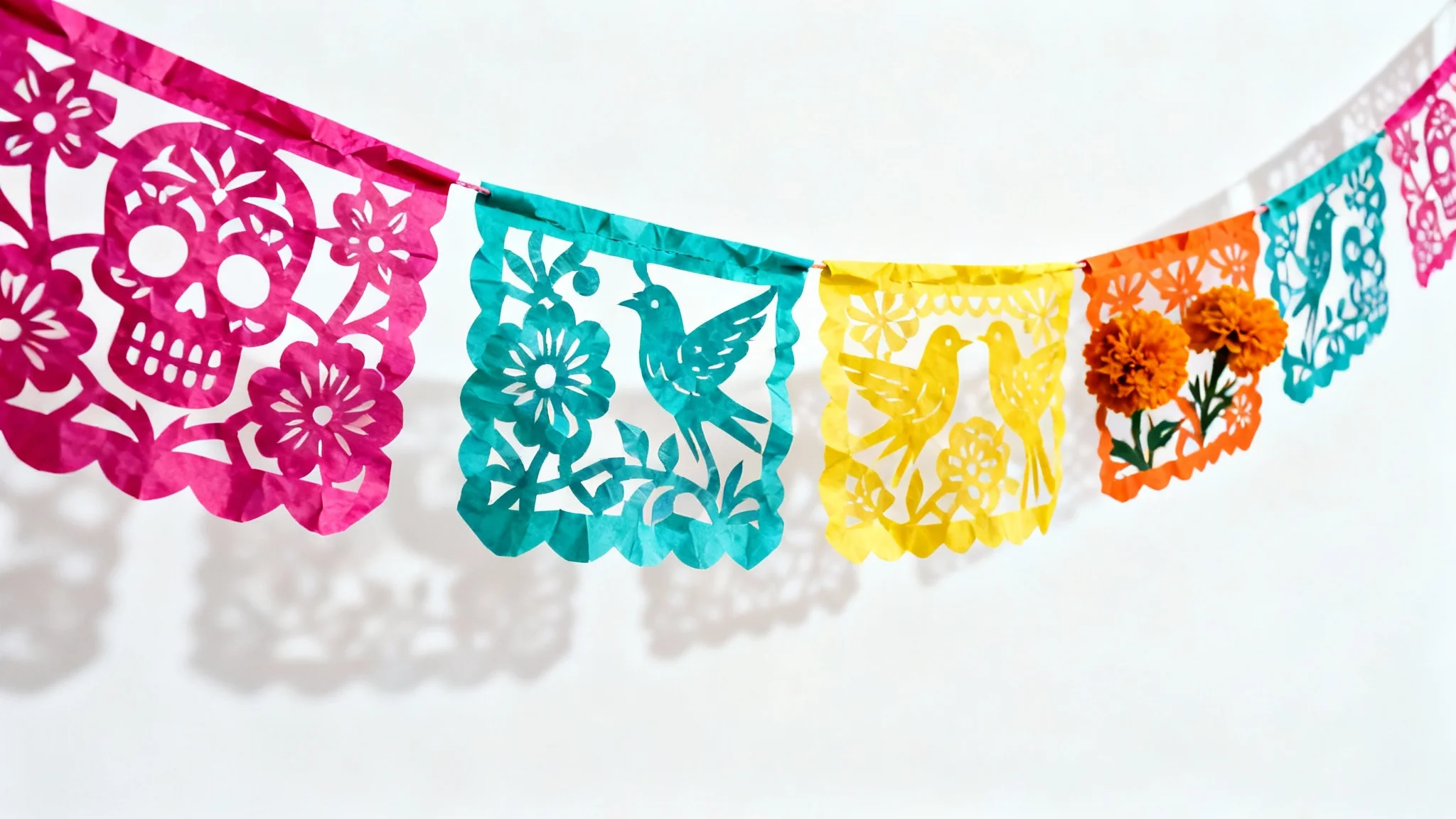 A vibrant string of colorful Mexican papel picado banners, featuring intricate cut-out designs of skulls and flowers, hangs against a clean white background.
