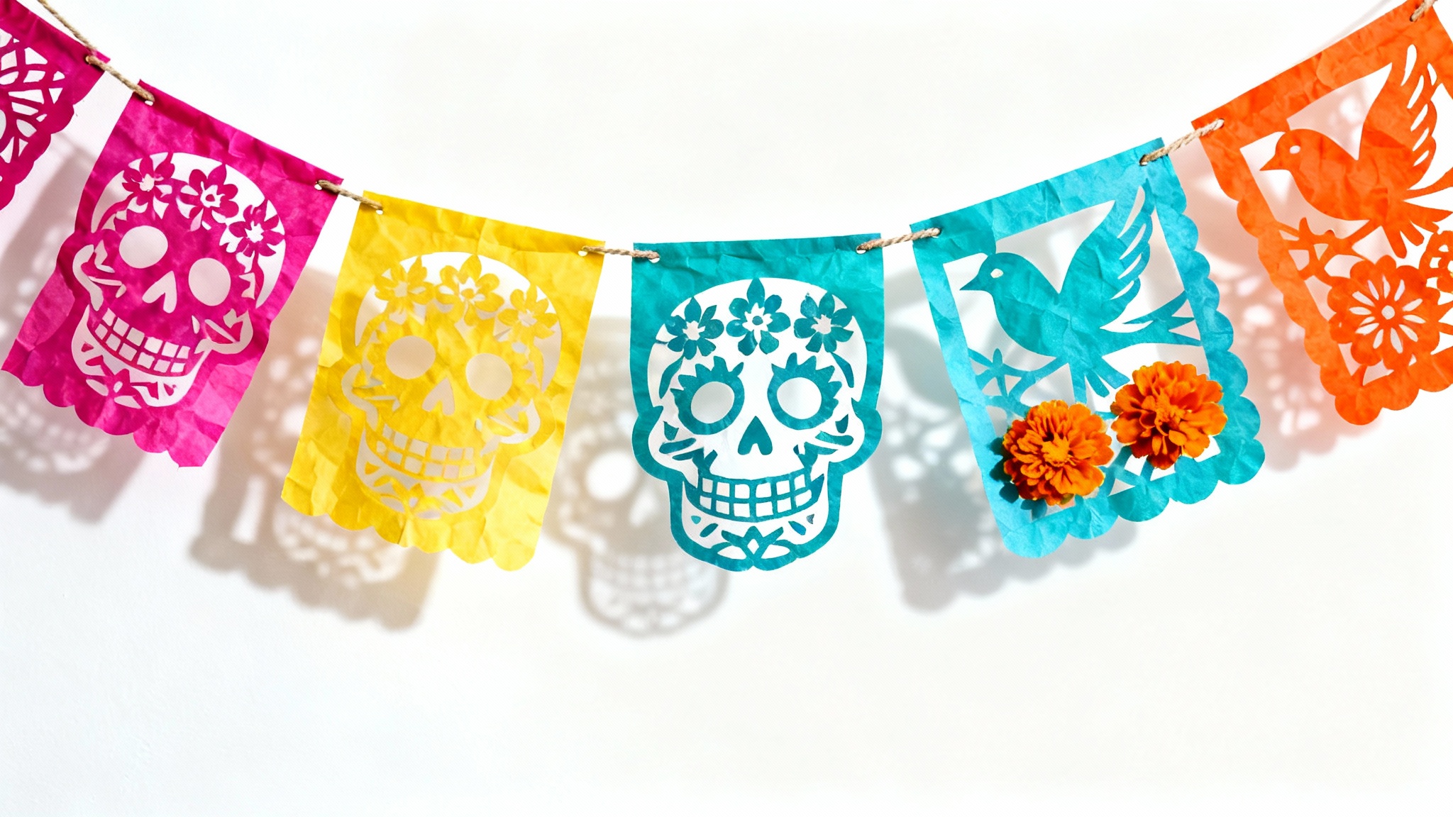 A vibrant and intricate papel picado banner with detailed cutouts of skulls and flowers, hanging against a plain white background in a studio setting.