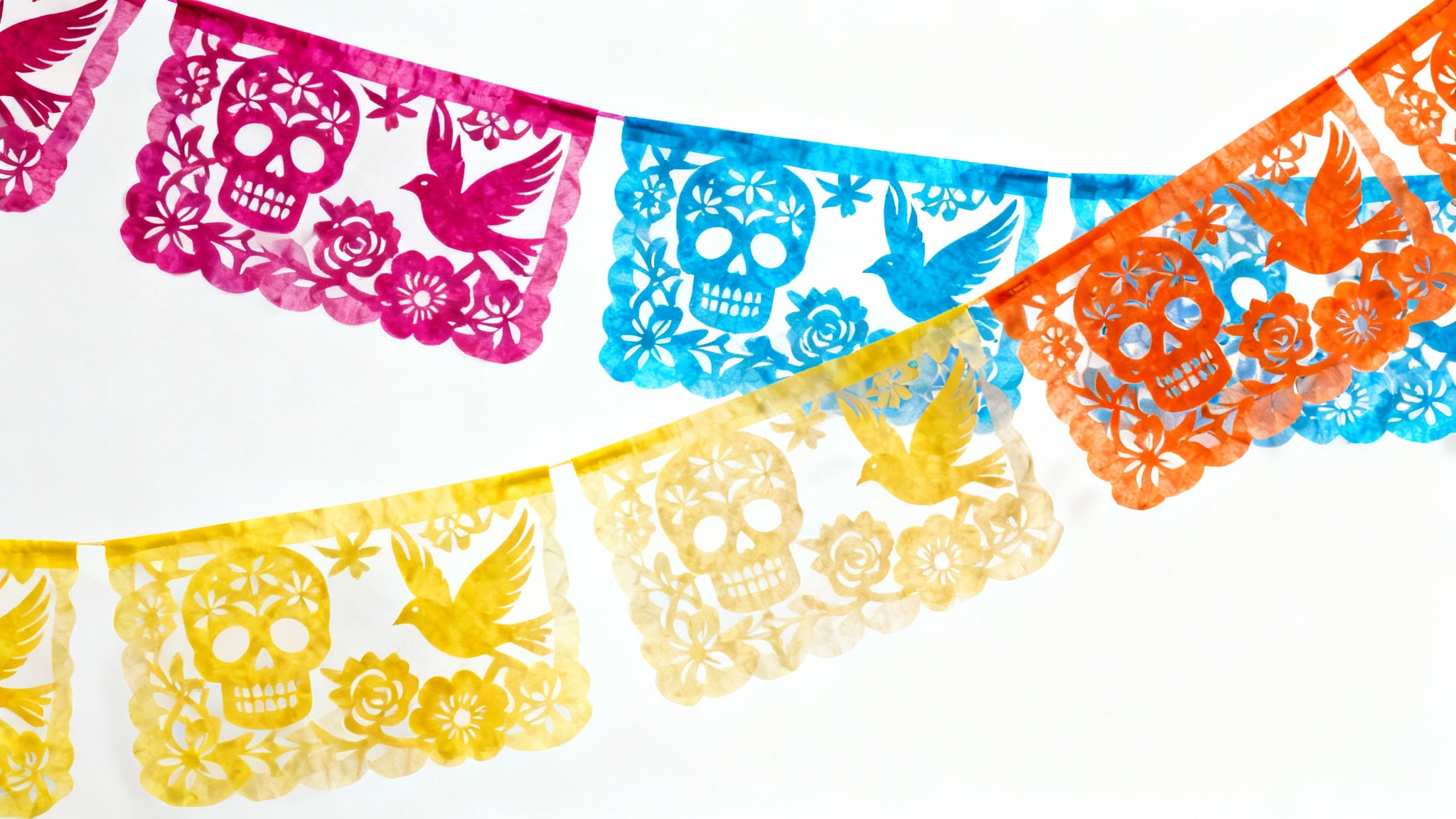 A close-up of a festive string of colorful Mexican papel picado banners, featuring intricate cutouts of skulls and flowers, isolated on a clean white background.