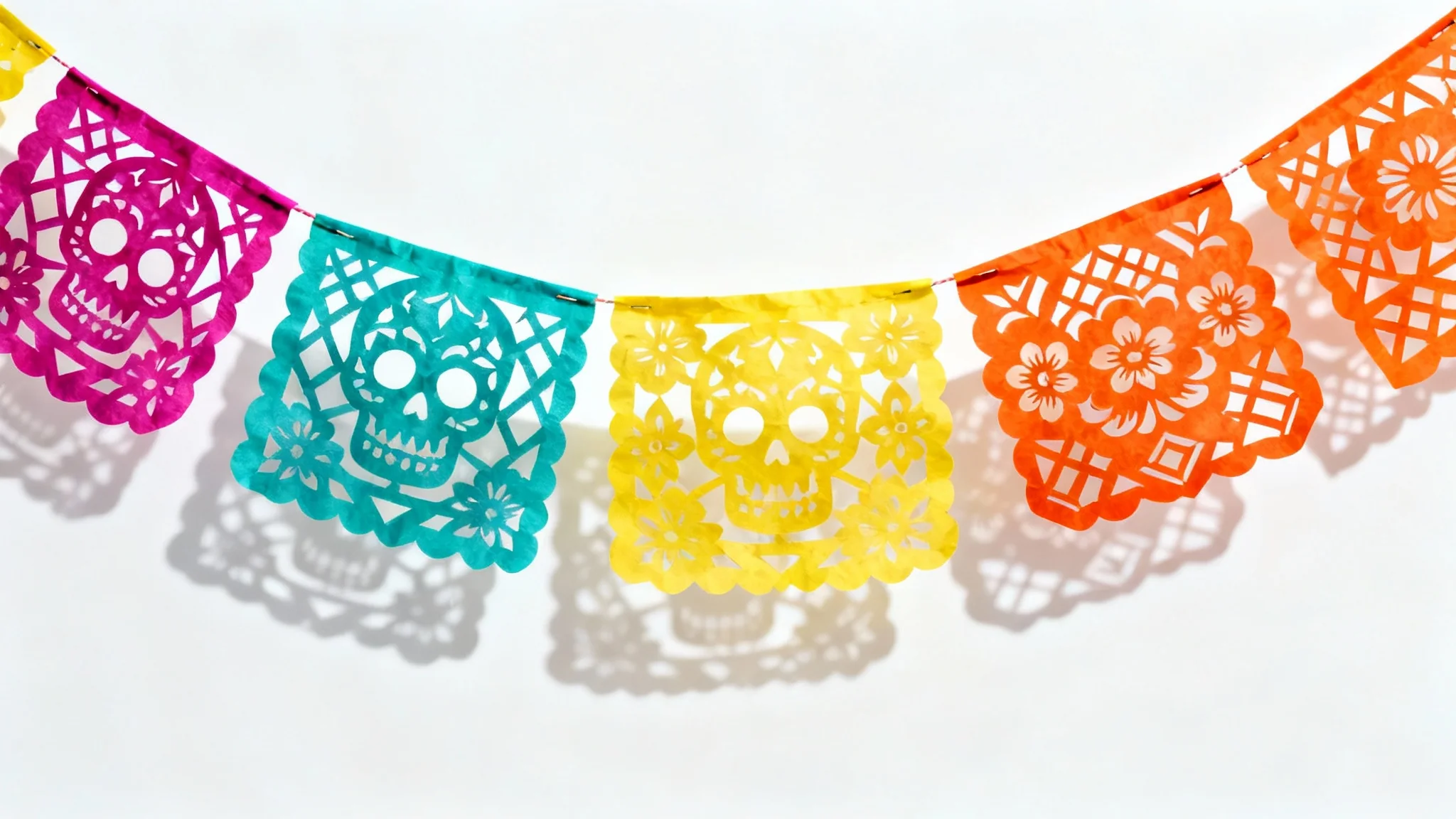 A colorful string of traditional Mexican papel picado banners with intricate cutouts of skulls and flowers, displayed against a plain white background.