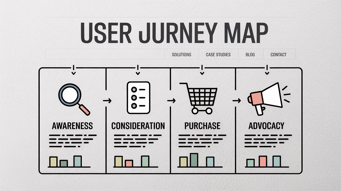 A professionally designed user journey map showing the customer path from Awareness to Advocacy. The map is presented as a clean flowchart with icons and data points for each stage.