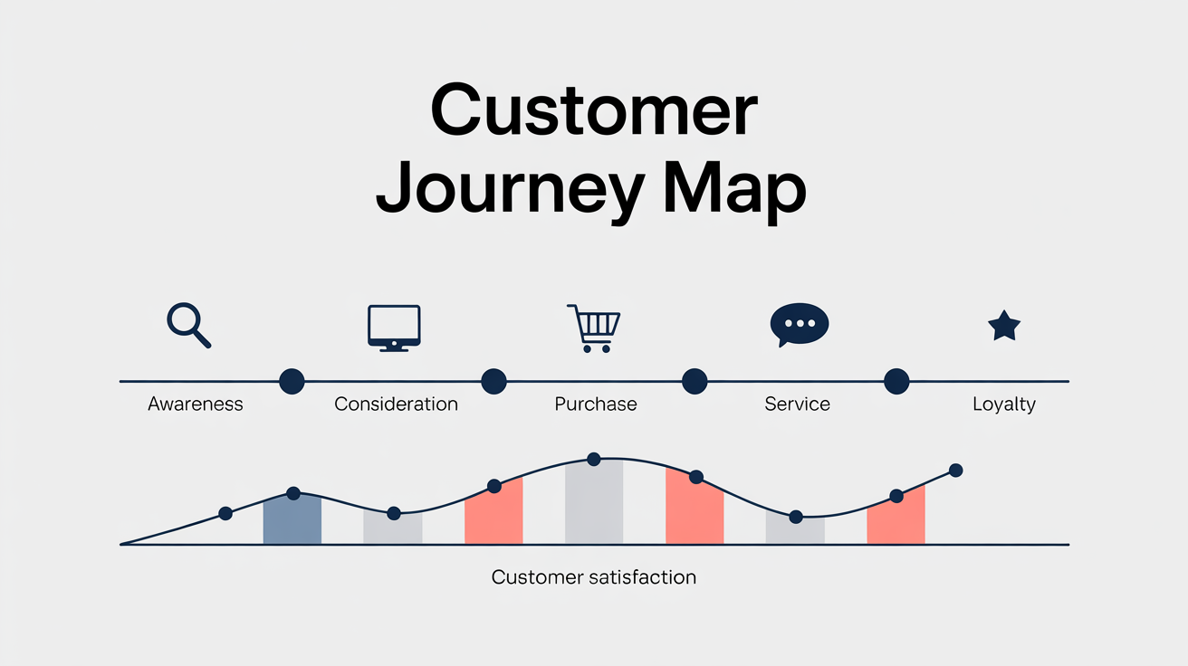 An infographic of a customer user journey map showing the five stages of a customer's experience: Awareness, Consideration, Purchase, Service, and Loyalty. The map uses a clean design with icons and a satisfaction graph on a white background.