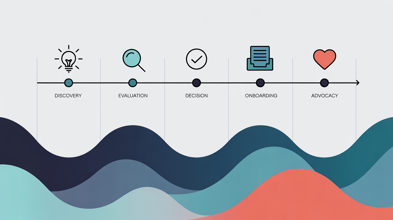 A vector illustration of a user journey map showing five stages: Discovery, Evaluation, Decision, Onboarding, and Advocacy, with icons and an emotional journey graph.