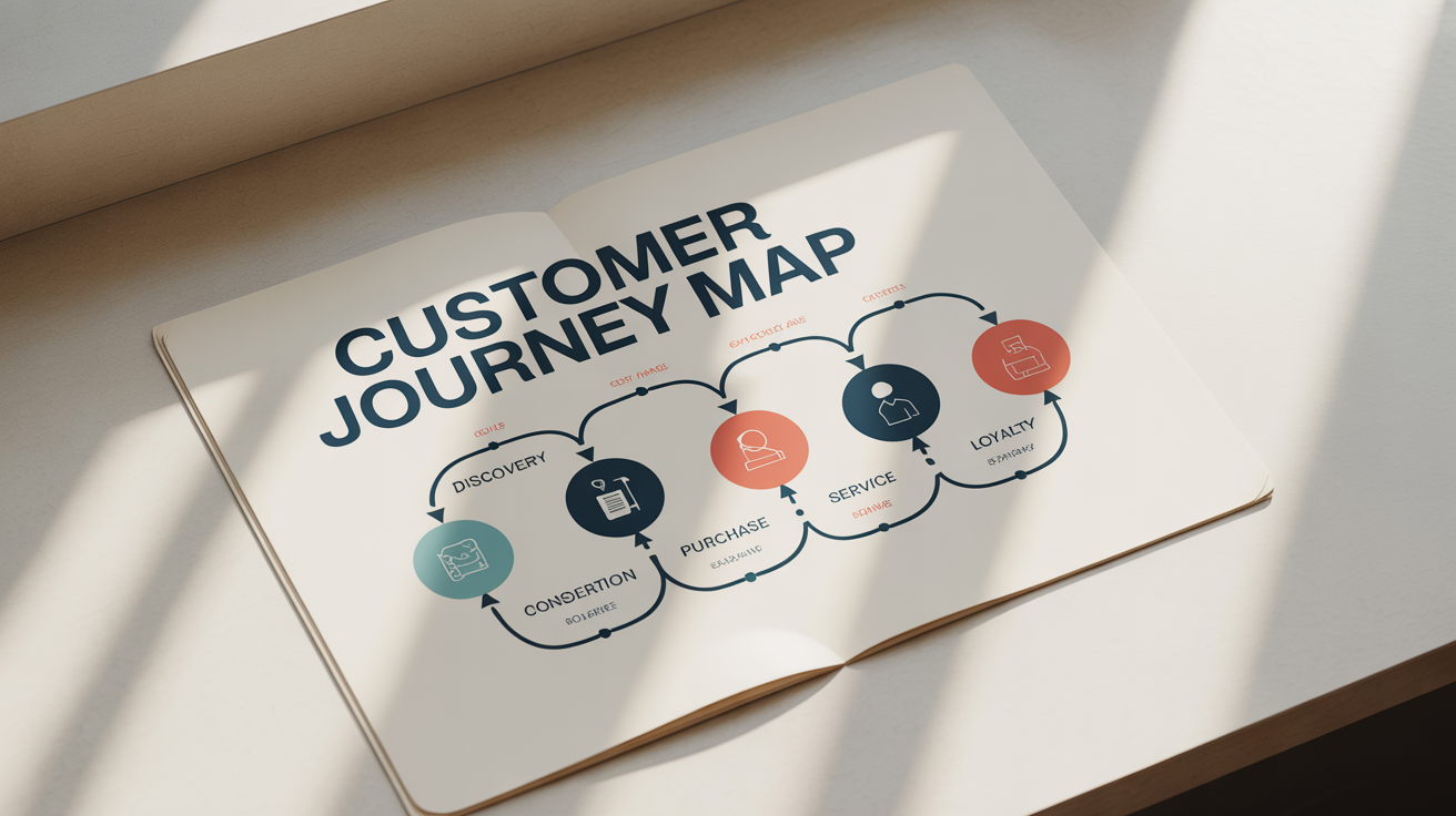 A mockup of a customer user journey map, showing five stages from Discovery to Loyalty, presented in a clean, modern graphic style.