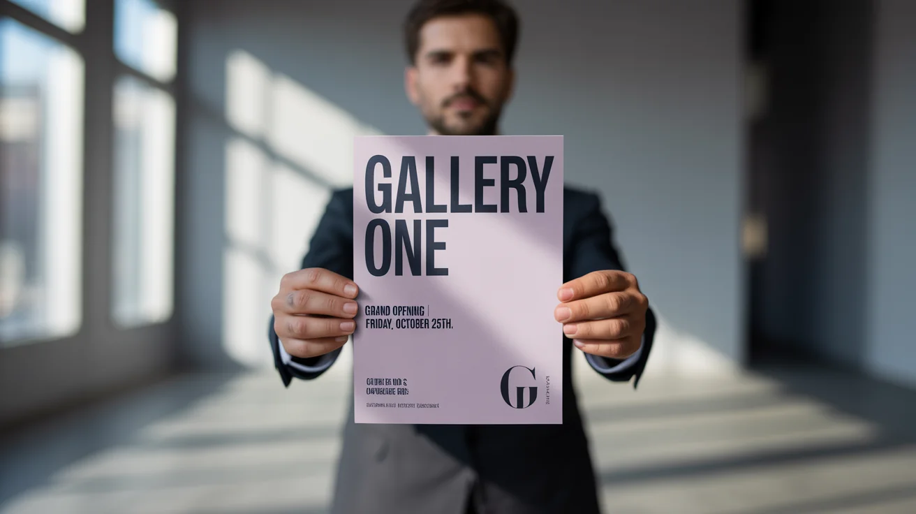 A photorealistic mockup of a person holding a professionally designed flyer for an art gallery grand opening in a modern studio setting.