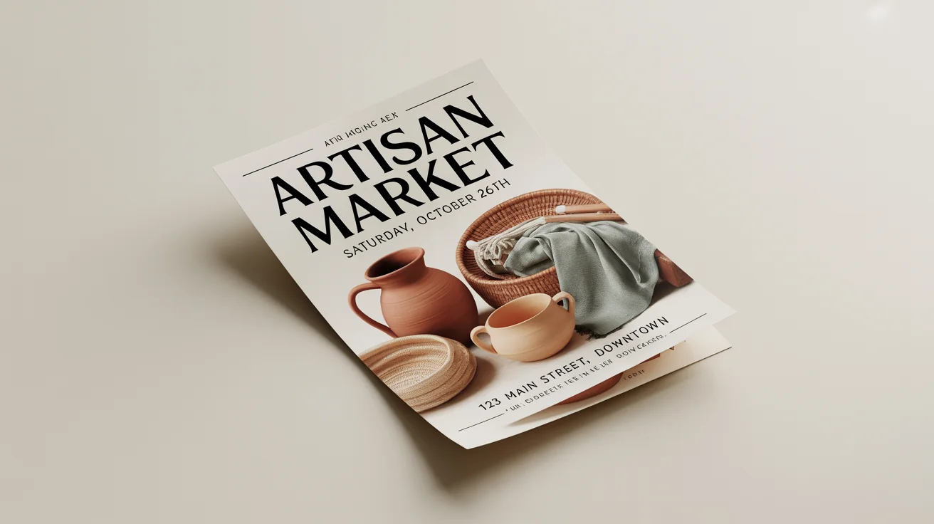 A professionally designed mockup of a flyer for an 'Artisan Market' event, featuring illustrations of pottery and textiles, displayed on a clean white background.