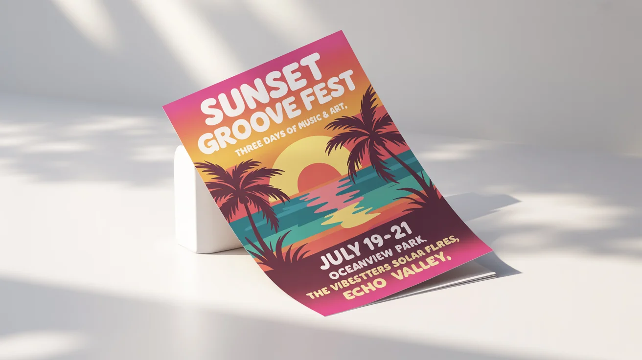 A colorful, retro-style flyer for a music festival named 'Sunset Groove Fest', displayed on a clean white background.