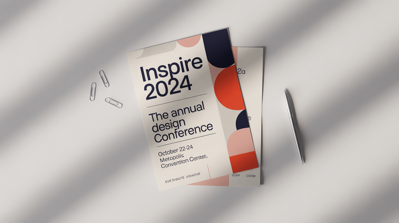A professional mockup of a modern flyer for a fictional design conference called 'Inspire 2024', shown lying flat against a clean white background.