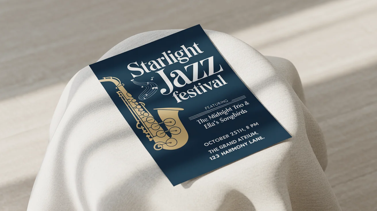 A professional mockup of an elegant flyer for the 'Starlight Jazz Festival', laid flat on a white background. The flyer has a navy blue and gold design with legible text detailing the event.