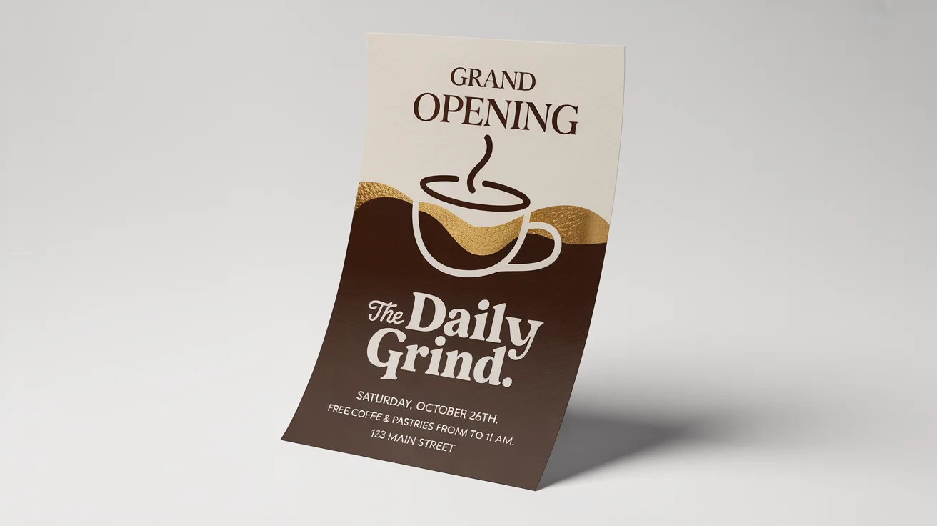 A mockup of a modern and elegant flyer for the grand opening of a coffee shop called 'The Daily Grind', shown against a plain white background.