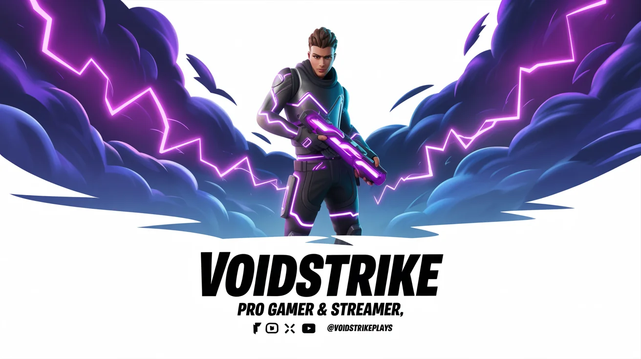 A professionally designed Fortnite gaming banner with a purple and blue color scheme, featuring a central character in armor and the custom gamertag 'VOIDSTRIKE'.