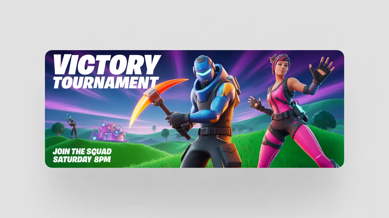 A vibrant Fortnite gaming banner mockup featuring two stylized characters in a colorful landscape, with the text 'VICTORY TOURNAMENT' and 'JOIN THE SQUAD'.
