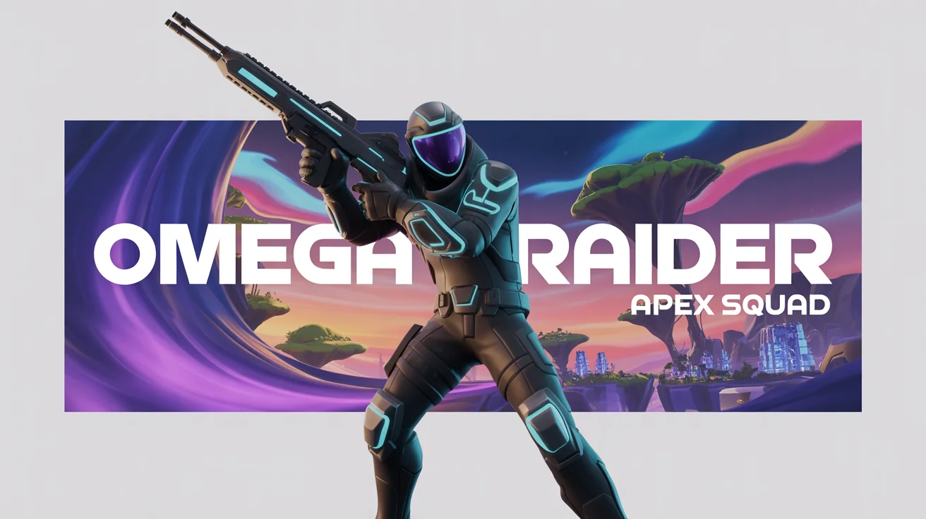 A Fortnite-style gaming banner mockup for a player named 'Omega Raider' from the 'Apex Squad', featuring a futuristic character against a stormy, stylized cityscape. The mockup is displayed on a white background.