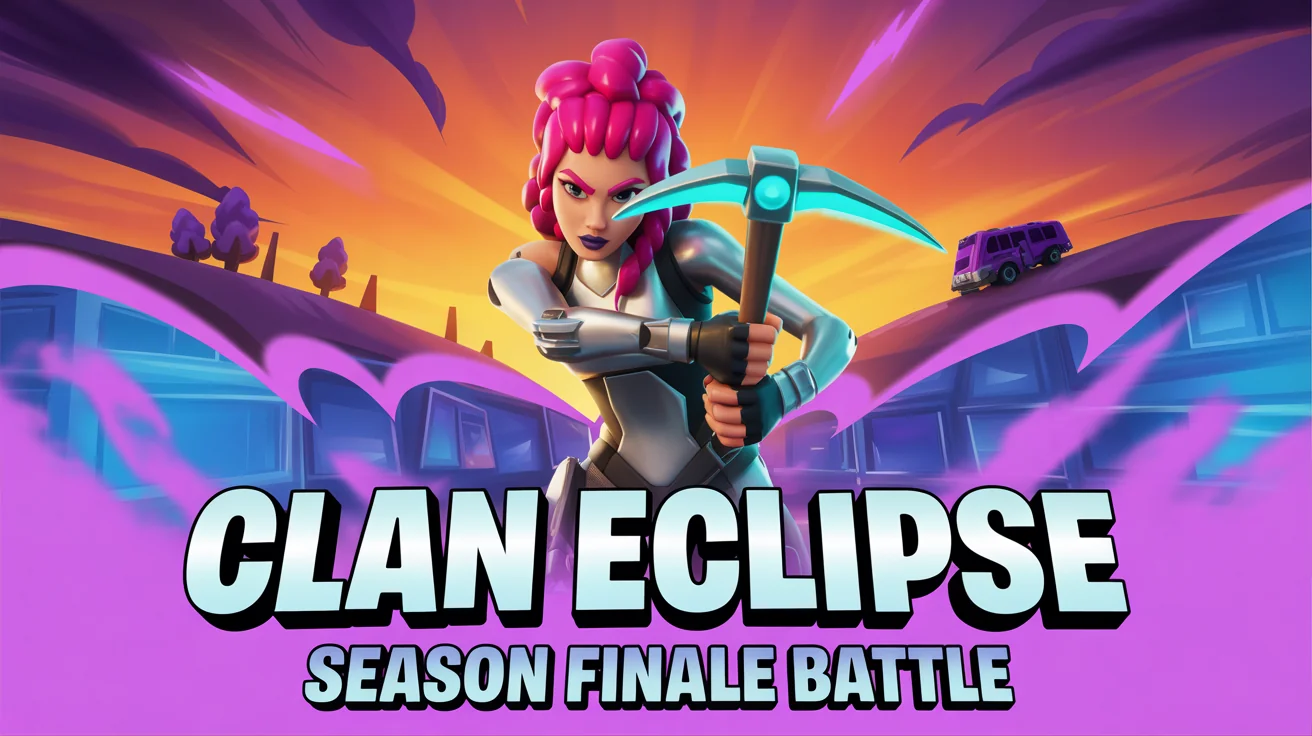 A Fortnite-style gaming banner mockup for 'CLAN ECLIPSE' featuring a female character with pink hair and a pickaxe, set against a vibrant, explosive background.