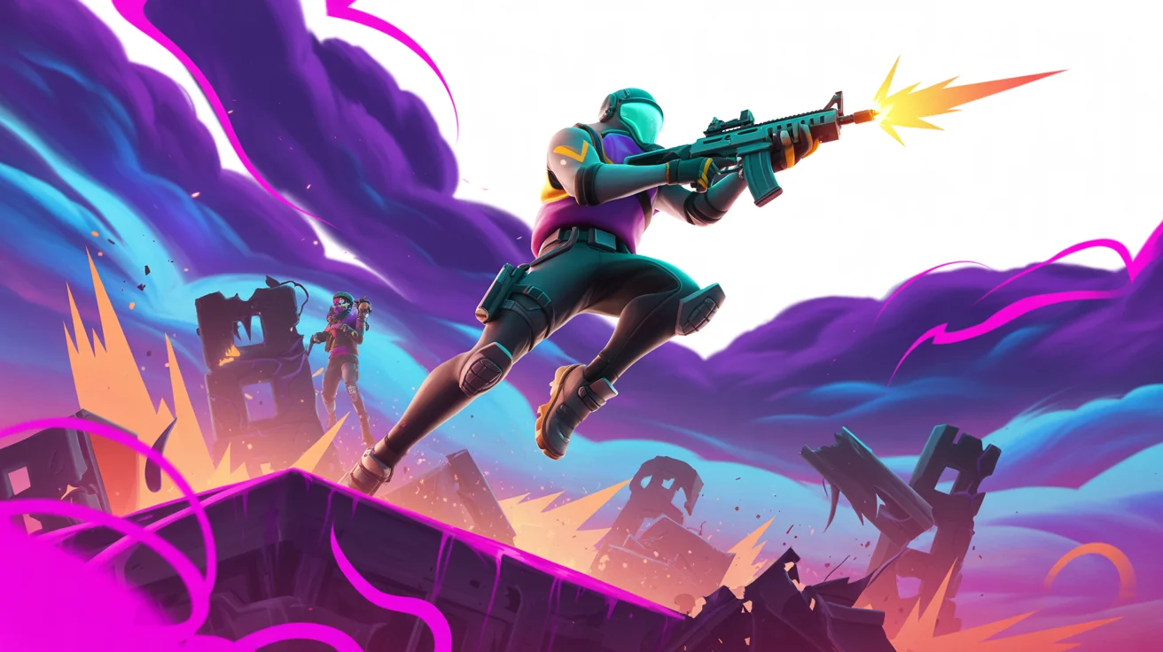 A vibrant, action-packed Fortnite-style gaming banner mockup. It shows a futuristic character in mid-air on a battlefield with the player name 'ALPHA WOLF' and team name 'Team Vortex' in stylized text.