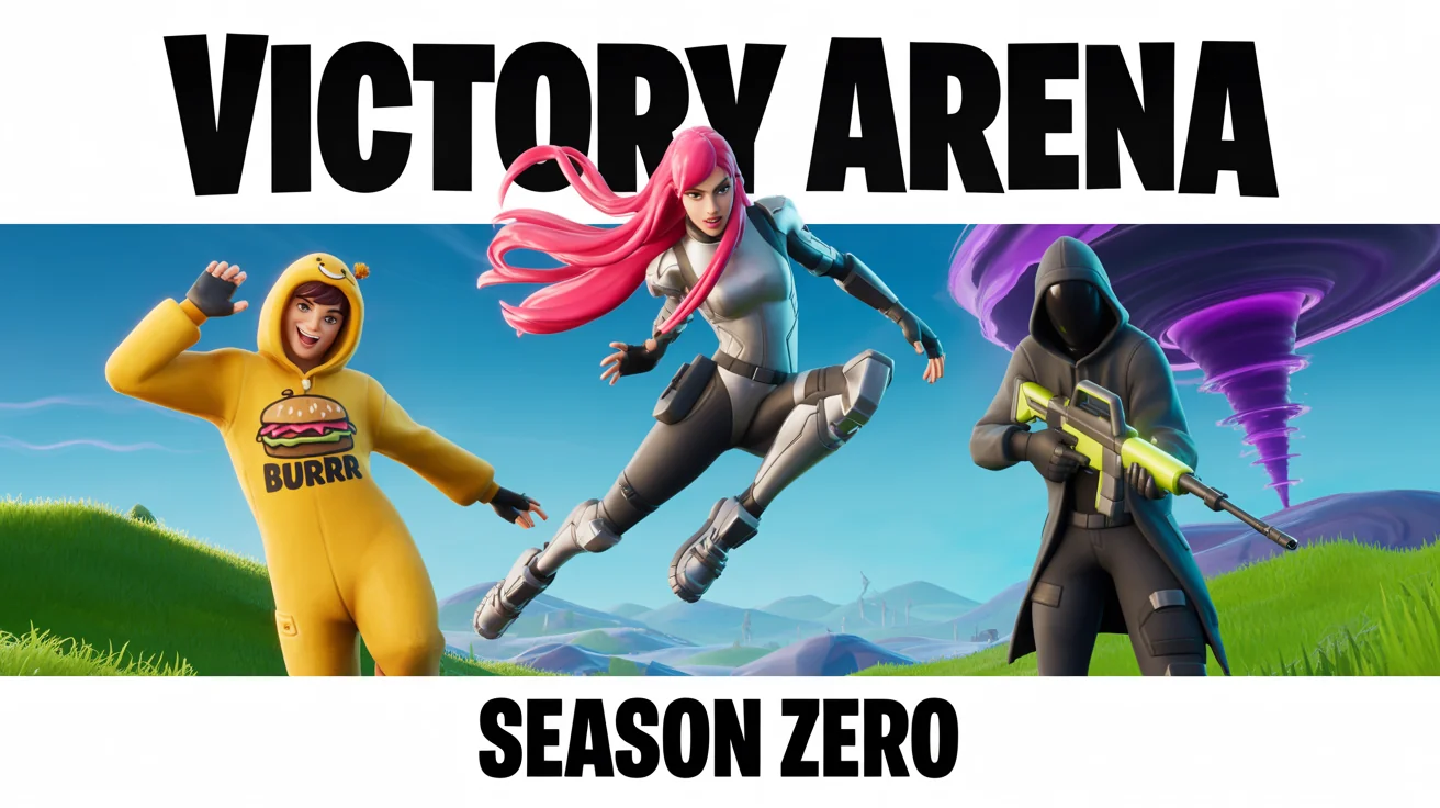 A colorful Fortnite-style gaming banner mockup for an event called 'Victory Arena', featuring three character archetypes from the game in dynamic poses on a clean white background.