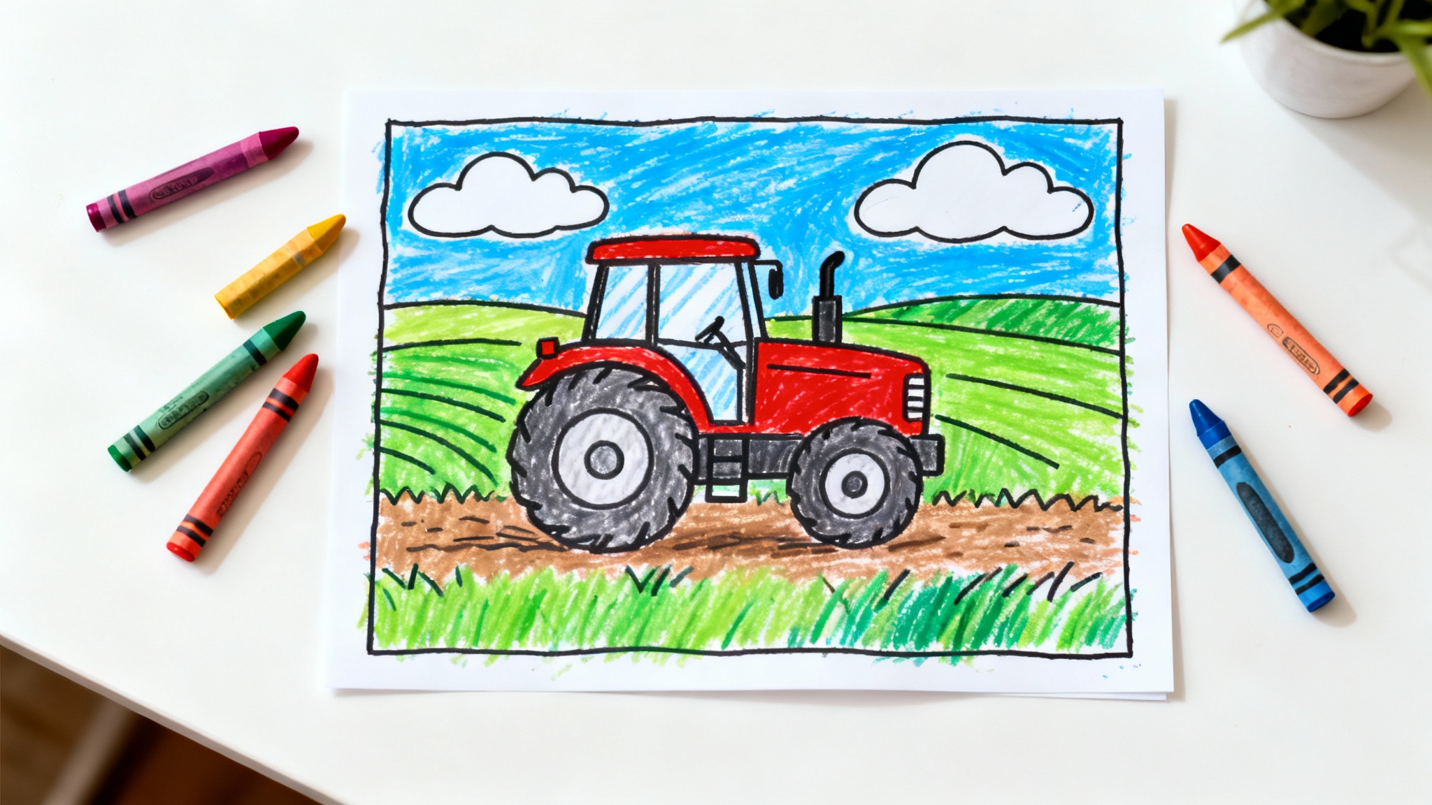 A top-down photo of a completed tractor coloring page, colored in with vibrant crayons. The tractor is red, the grass is green, and the sky is blue. Crayons are scattered neatly next to the page on a white surface.