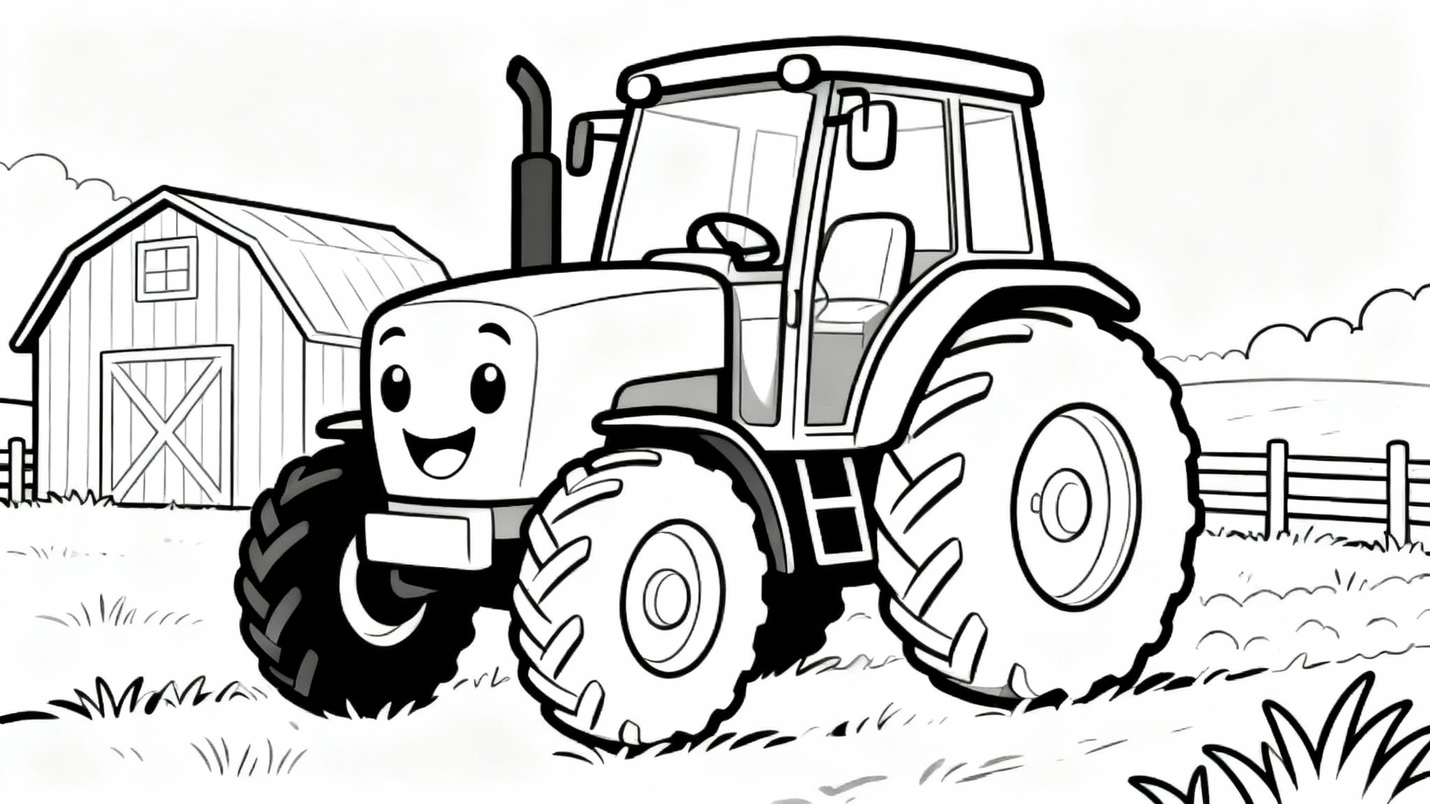 A black and white line art coloring page for kids, showing a friendly cartoon tractor on a farm, ready to be colored in.