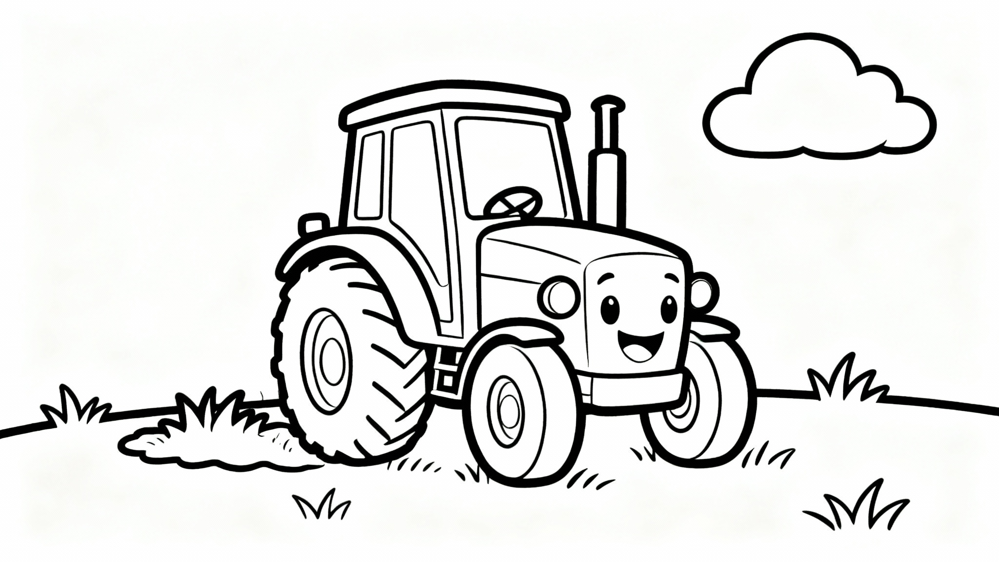 A black and white line-art coloring page featuring a simple and friendly cartoon tractor on a farm, designed for children to color.