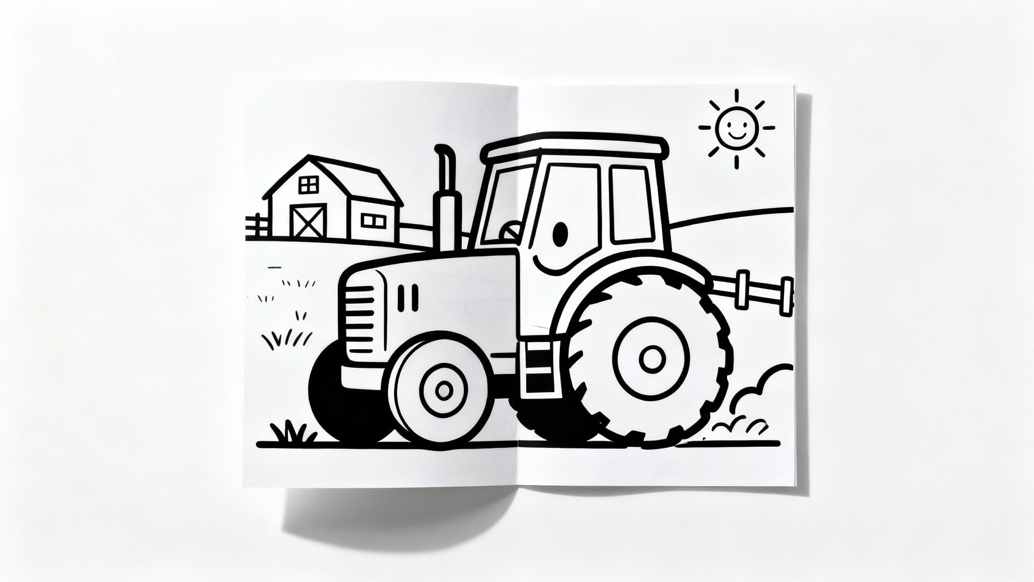 A black and white line-art coloring page of a friendly farm tractor in a field with a barn, presented as a mockup on a white background.