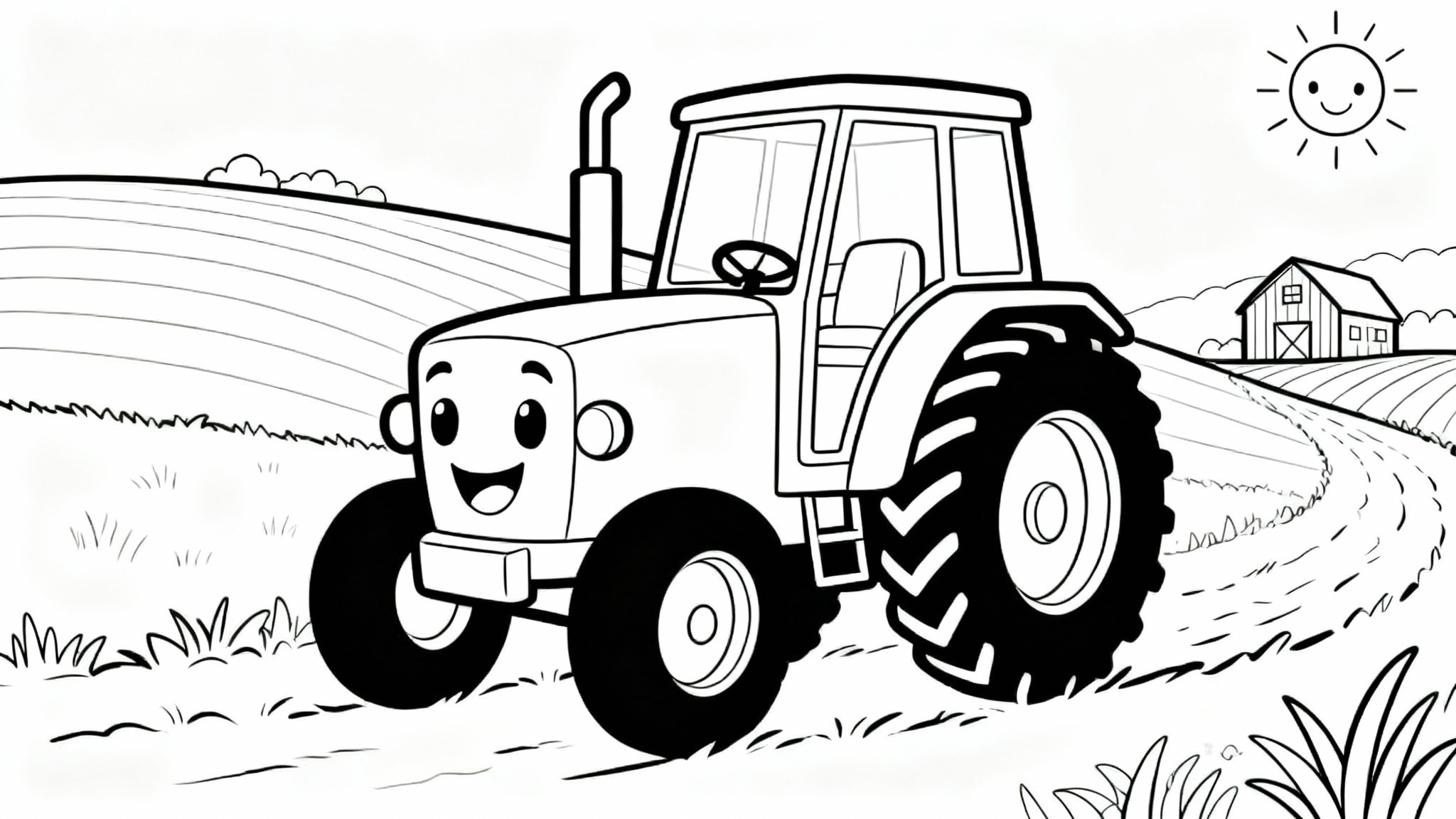 A black and white line art coloring page of a cartoon tractor on a farm, set against a plain white background.